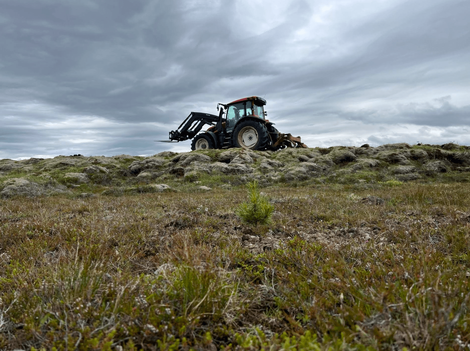 Dráttarvél á heiðinni undir skýjuðum himni
