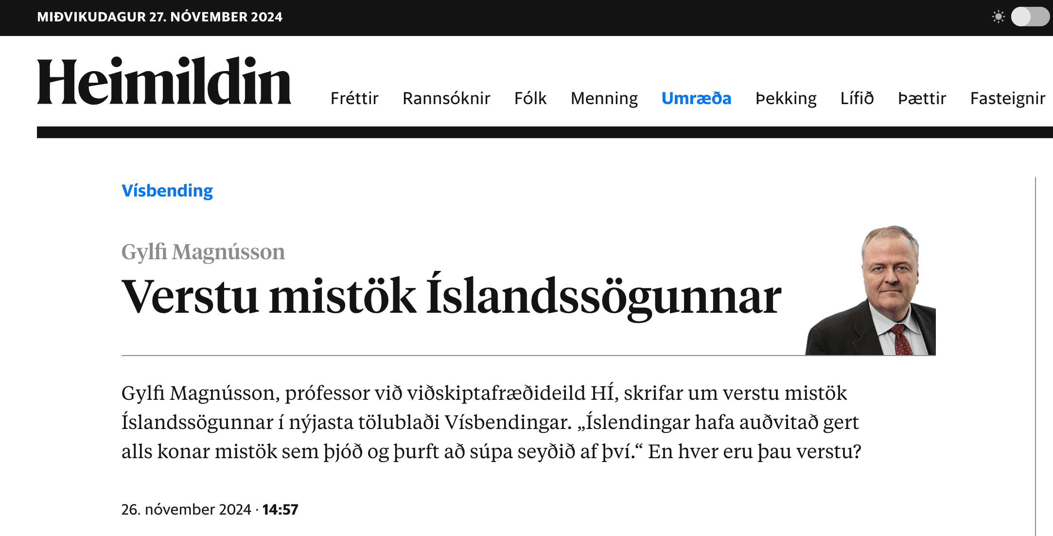 Grein Gylfa Magnússonar, Verstu mistök Íslandssögunnar, á Heimildinni